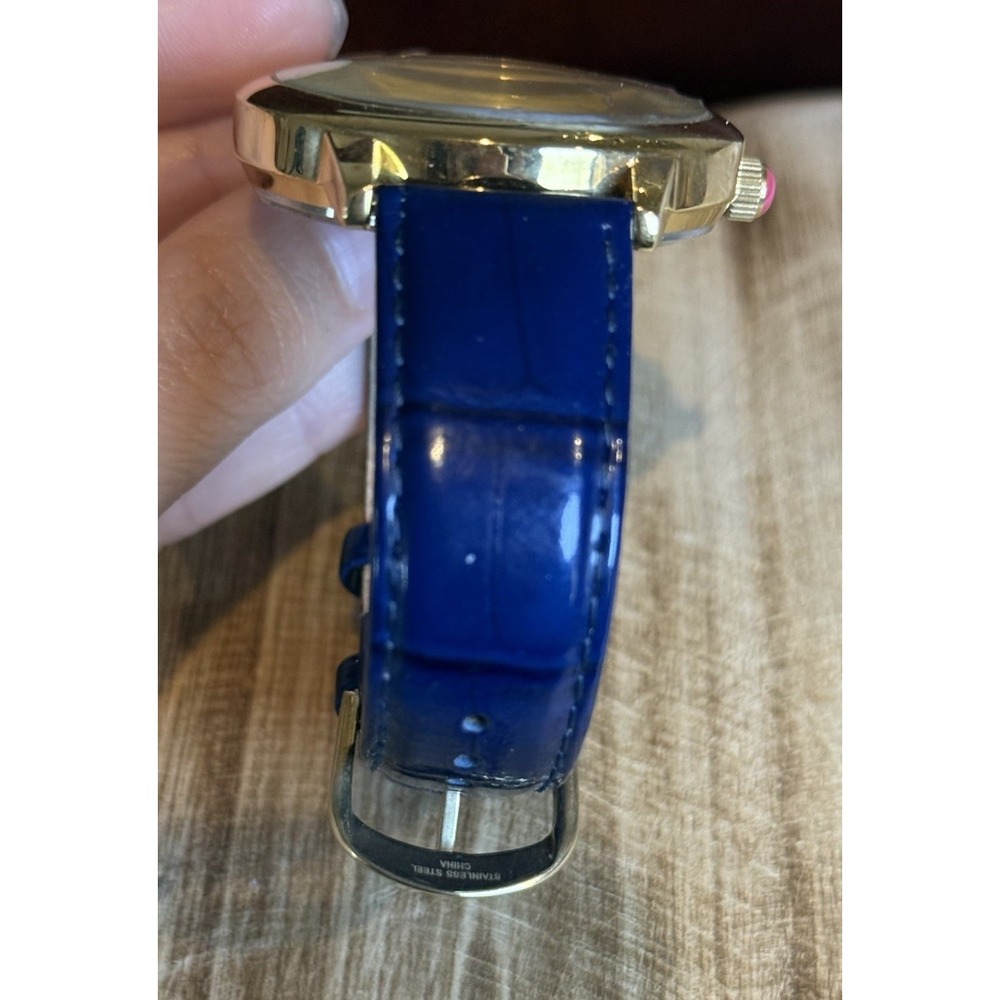 Betsey Johnson Owl Face Watch Blue Leather Strap Gold‎ Tone Quartz As Is - Picture 4 of 6